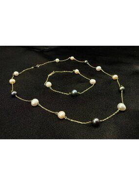 10K Solid Gold Necklace & Bracelet Set With Multicolor Freshwater Pearls